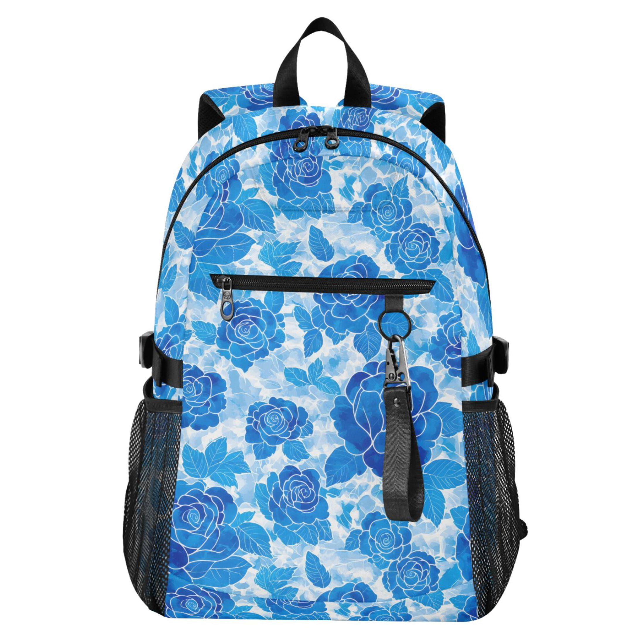 JIALIOU 14" Laptop Backpack Waterproof Airline Approved Stylish Casual Daypack for Travel Business College Work, Blue Watercolor Roses