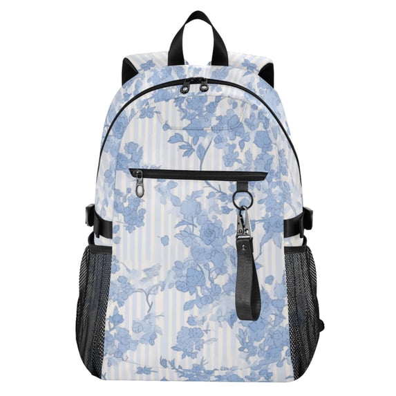 JIALIOU 14" Laptop Backpack Waterproof Airline Approved Stylish Casual Daypack for Travel Business College Work, Blue White Stripes and Blue Flowers