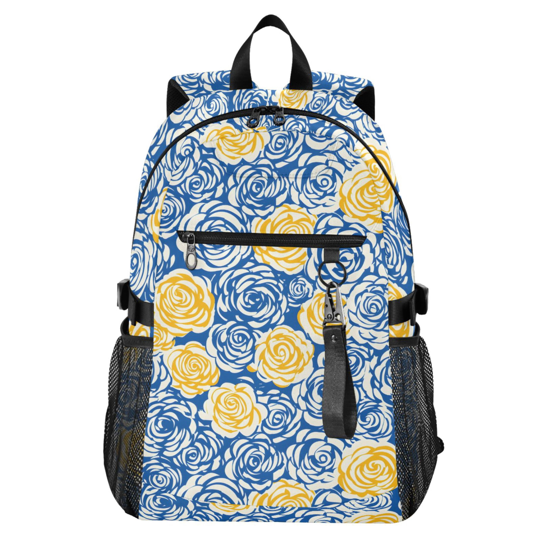JIALIOU 14" Laptop Backpack Waterproof Airline Approved Stylish Casual Daypack for Travel Business College Work, Blue Yellow Rose