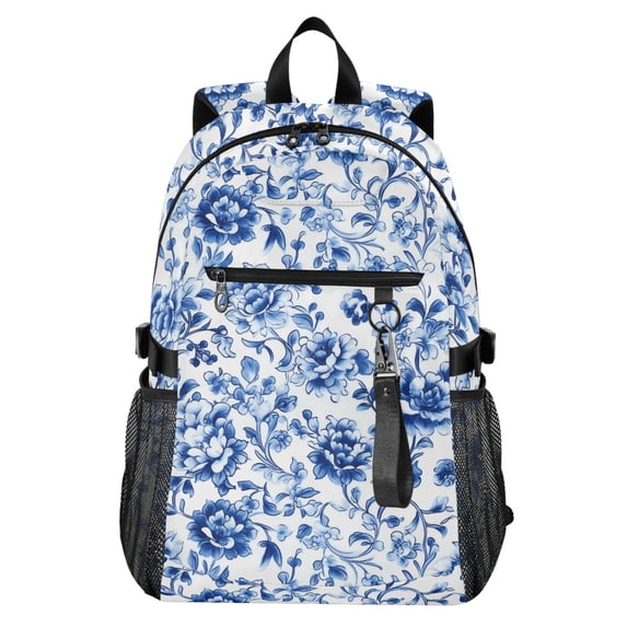 JIALIOU 14" Laptop Backpack Waterproof Airline Approved Stylish Casual Daypack for Travel Business College Work, Blue and White Porcelain Floral