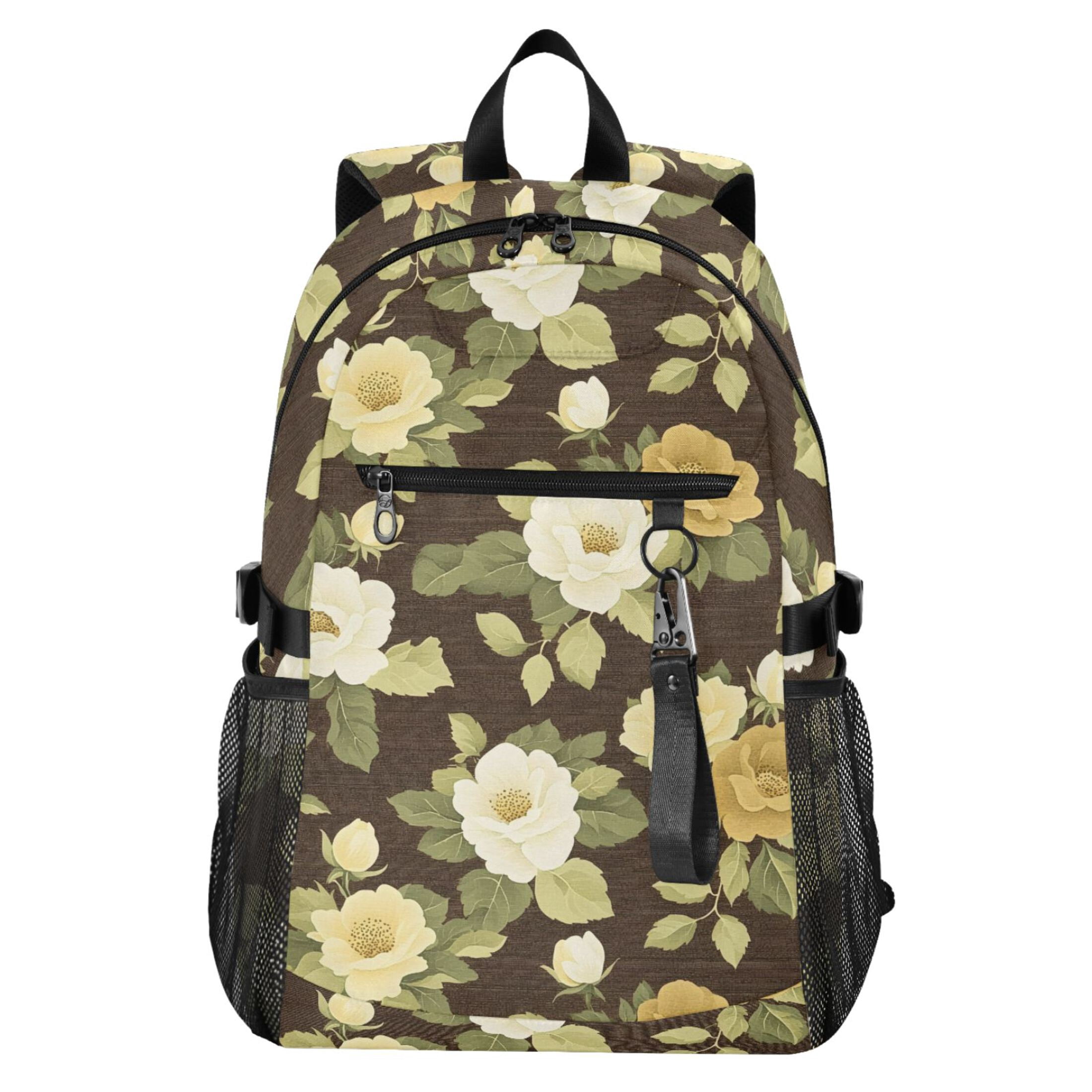 JIALIOU 14" Laptop Backpack Waterproof Airline Approved Stylish Casual Daypack for Travel Business College Work, Brown Cream Roses