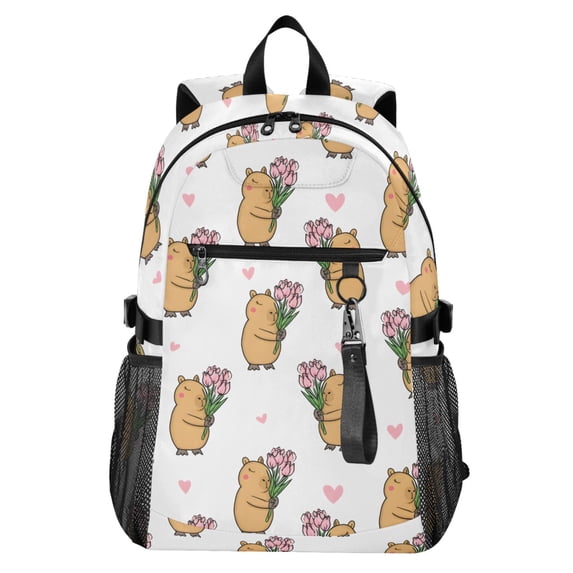JIALIOU 14" Laptop Backpack Waterproof Airline Approved Stylish Casual Daypack for Travel Business College Work, Capybara Tulip Love Heart
