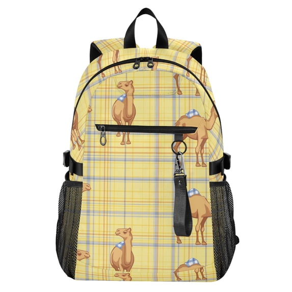 JIALIOU 14" Laptop Backpack Waterproof Airline Approved Stylish Casual Daypack for Travel Business College Work, Cute Camel on Plaid