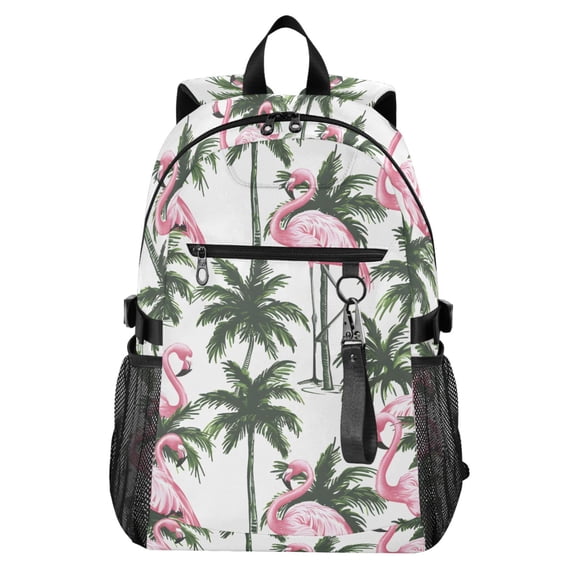 JIALIOU 14" Laptop Backpack Waterproof Airline Approved Stylish Casual Daypack for Travel Business College Work, Flamingos and Palm Trees