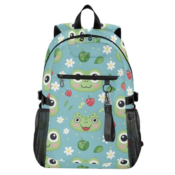 JIALIOU 14" Laptop Backpack Waterproof Airline Approved Stylish Casual Daypack for Travel Business College Work, Frog Face Leaf Strawberry Flower