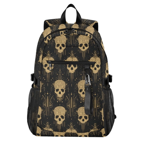 JIALIOU 14" Laptop Backpack Waterproof Airline Approved Stylish Casual Daypack for Travel Business College Work, Gold Skull
