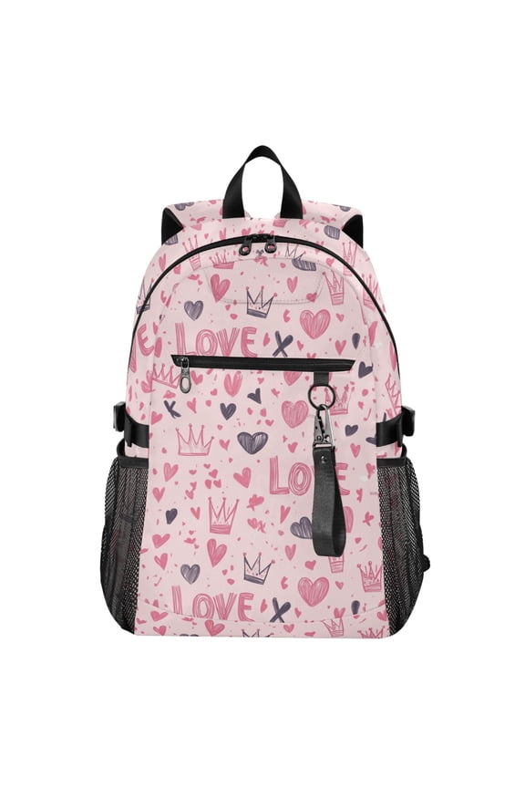 14" Laptop Backpack Waterproof Airline Approved Stylish Casual Daypack for Travel Business College Work, Hand-drawn Crowns and Love Hearts