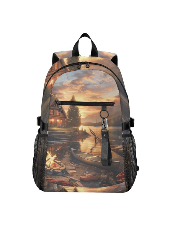 14" Laptop Backpack Waterproof Airline Approved Stylish Casual Daypack for Travel Business College Work, Lake House Campfire Boat