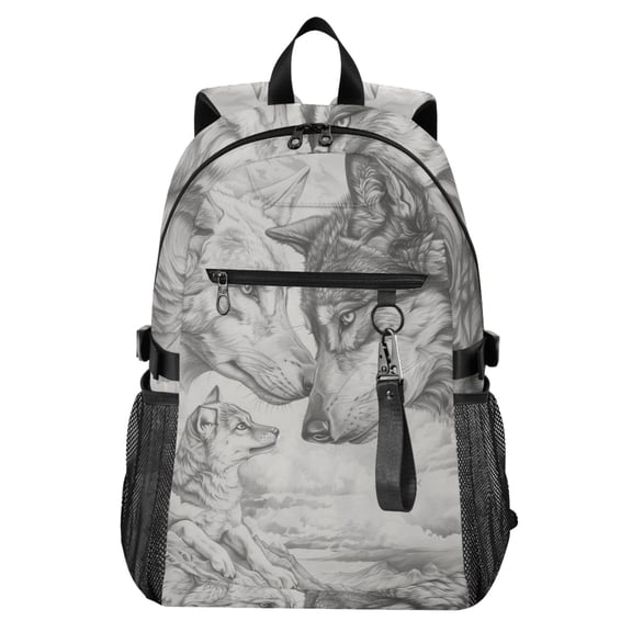 JIALIOU 14" Laptop Backpack Waterproof Airline Approved Stylish Casual Daypack for Travel Business College Work, Pencil Drawing Wolves