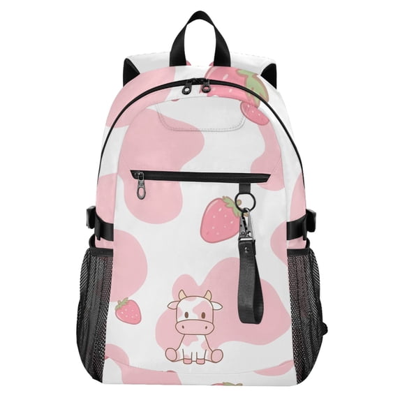 JIALIOU 14" Laptop Backpack Waterproof Airline Approved Stylish Casual Daypack for Travel Business College Work, Pink Cow and Strawberry