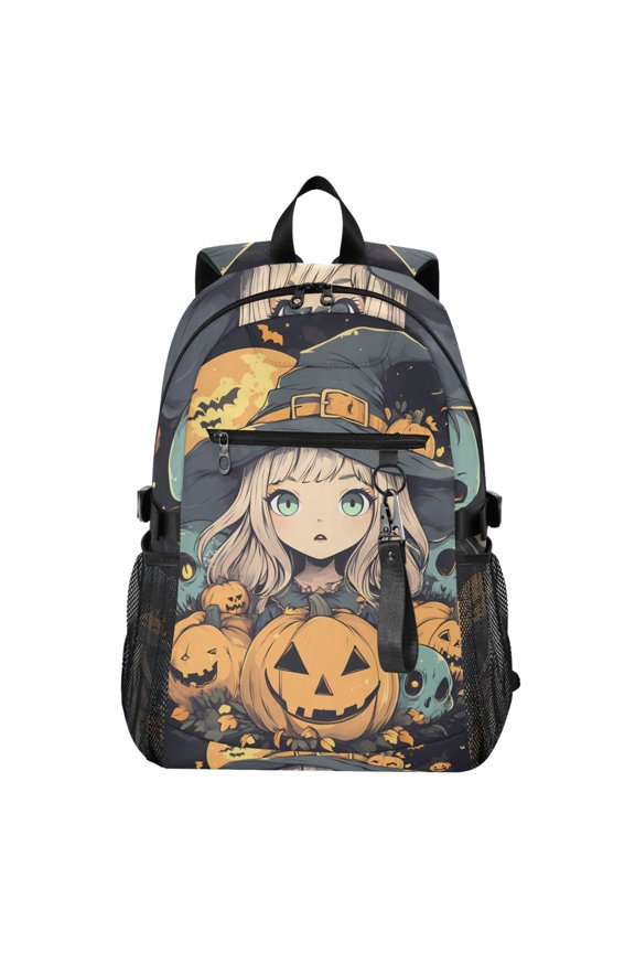 14" Laptop Backpack Waterproof Airline Approved Stylish Casual Daypack for Travel Business College Work, Pumpkins Surround Cute Witch