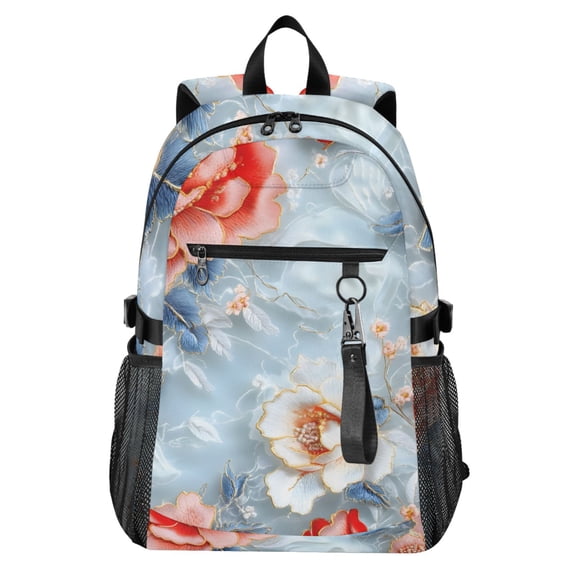 JIALIOU 14" Laptop Backpack Waterproof Airline Approved Stylish Casual Daypack for Travel Business College Work, Red White Flower Embroidery