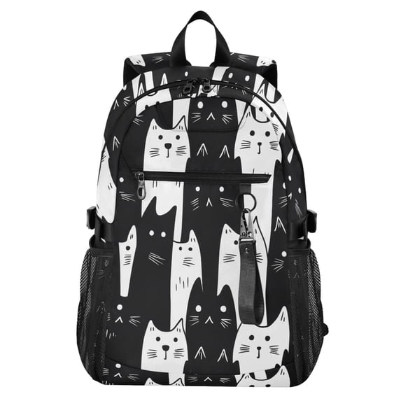 JIALIOU 14" Laptop Backpack Waterproof Airline Approved Stylish Casual Daypack for Travel Business College Work, White Black Cat