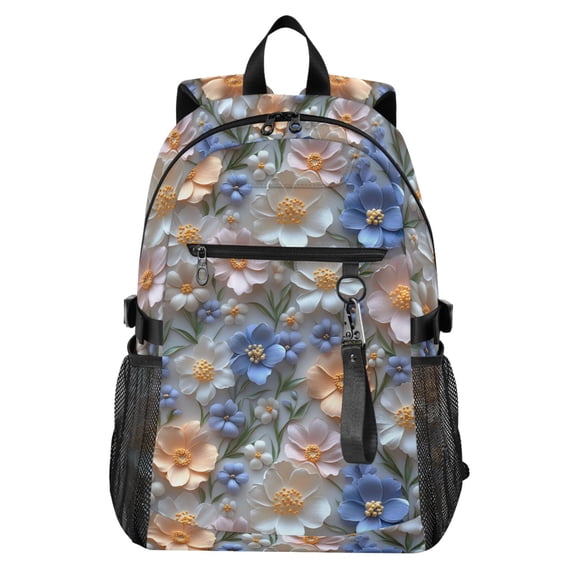 JIALIOU 14" Laptop Backpack Waterproof Airline Approved Stylish Casual Daypack for Travel Business College Work, White Blue Pink 3d Flower