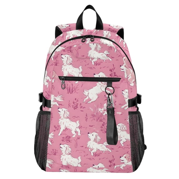 JIALIOU 14" Laptop Backpack Waterproof Airline Approved Stylish Casual Daypack for Travel Business College Work, White Dogs on Pink Grass