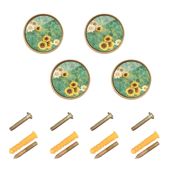 JIALIOU Kitchen Cabinet Knobs Round Zinc Drawer Pulls, Bee Beehive Sunflower, 4 Pack