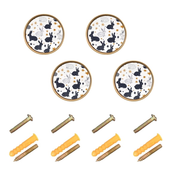 JIALIOU Kitchen Cabinet Knobs Round Zinc Drawer Pulls, Black White Rabbits and Stars, 4 Pack