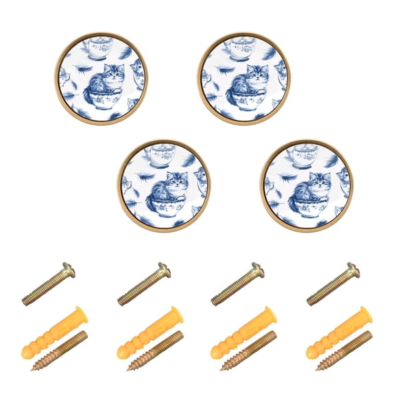 JIALIOU Kitchen Cabinet Knobs Round Zinc Drawer Pulls, Blue Cat in Cup, 4 Pack