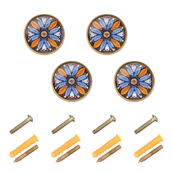 JIALIOU Kitchen Cabinet Knobs Round Zinc Drawer Pulls, Blue Orange White Feather, 4 Pack