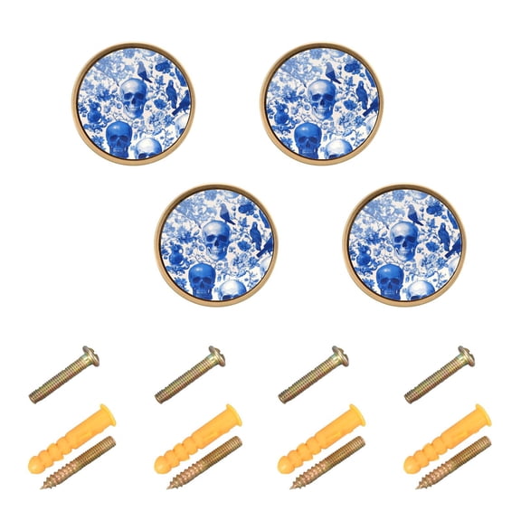JIALIOU Kitchen Cabinet Knobs Round Zinc Drawer Pulls, Blue Skull Bird Flower, 4 Pack