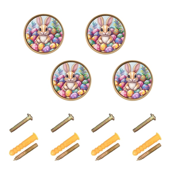 JIALIOU Kitchen Cabinet Knobs Round Zinc Drawer Pulls, Bunny Surrounded by Easter Eggs, 4 Pack