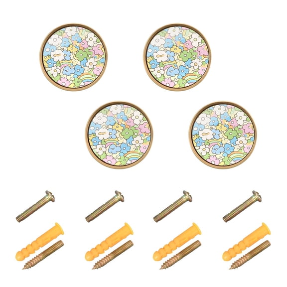 JIALIOU Kitchen Cabinet Knobs Round Zinc Drawer Pulls, Cartoon Flower Rainbow, 4 Pack