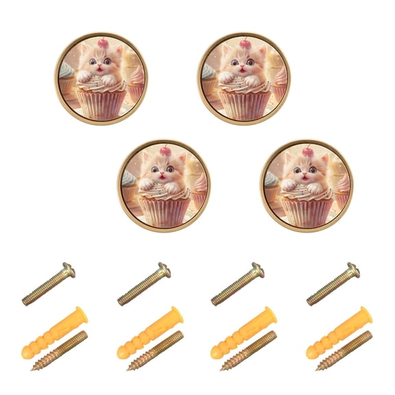 JIALIOU Kitchen Cabinet Knobs Round Zinc Drawer Pulls, Cat Cake with Cherry, 4 Pack