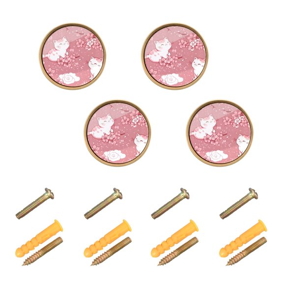 JIALIOU Kitchen Cabinet Knobs Round Zinc Drawer Pulls, Cherry Blossoms and Cute Cats, 4 Pack