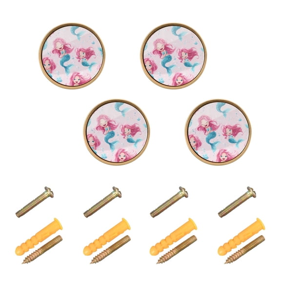 JIALIOU Kitchen Cabinet Knobs Round Zinc Drawer Pulls, Cute Cartoon Mermaid, 4 Pack