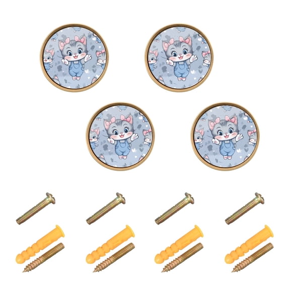 JIALIOU Kitchen Cabinet Knobs Round Zinc Drawer Pulls, Cute Cat with Overalls, 4 Pack