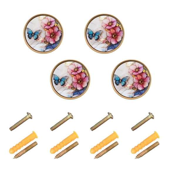 JIALIOU Kitchen Cabinet Knobs Round Zinc Drawer Pulls, Flower Butterfly Marble, 4 Pack