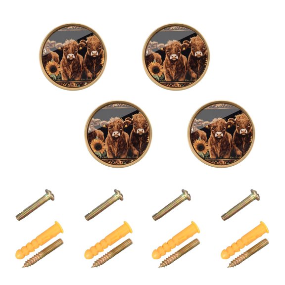 JIALIOU Kitchen Cabinet Knobs Round Zinc Drawer Pulls, Highland Cow and Sunflower, 4 Pack