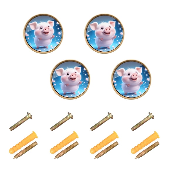 JIALIOU Kitchen Cabinet Knobs Round Zinc Drawer Pulls, Lovely Pig and Petals, 4 Pack