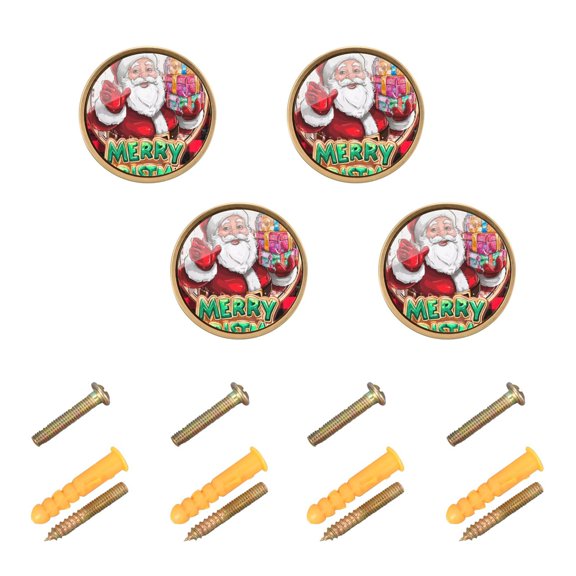 JIALIOU Kitchen Cabinet Knobs Round Zinc Drawer Pulls, Merry Christmas Santa Claus, 4 Pack