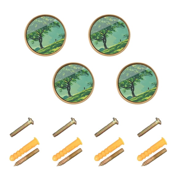 JIALIOU Kitchen Cabinet Knobs Round Zinc Drawer Pulls, Oak Tree and Person Walk, 4 Pack