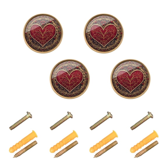 JIALIOU Kitchen Cabinet Knobs Round Zinc Drawer Pulls, Ornate Red Heart, 4 Pack