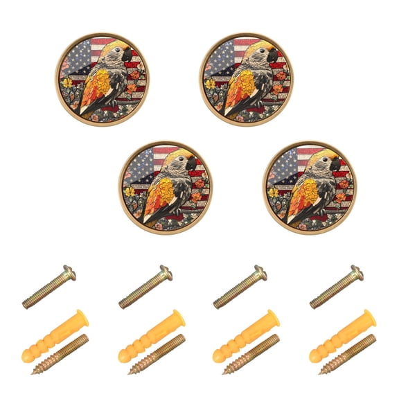JIALIOU Kitchen Cabinet Knobs Round Zinc Drawer Pulls, Parrot with American Flag, 4 Pack