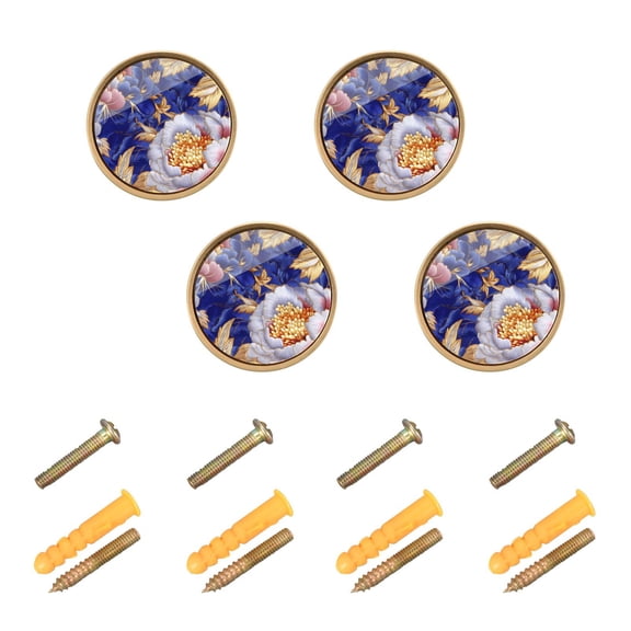 JIALIOU Kitchen Cabinet Knobs Round Zinc Drawer Pulls, Pink Blue Flowers Embroidery, 4 Pack