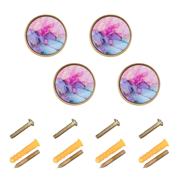 JIALIOU Kitchen Cabinet Knobs Round Zinc Drawer Pulls, Pink Purple Blue Marble, 4 Pack