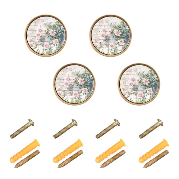 JIALIOU Kitchen Cabinet Knobs Round Zinc Drawer Pulls, Pink Roses Climbing on Wall, 4 Pack
