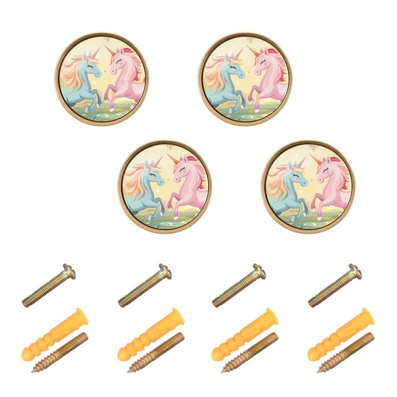 JIALIOU Kitchen Cabinet Knobs Round Zinc Drawer Pulls, Unicorns Playing in Garden, 4 Pack