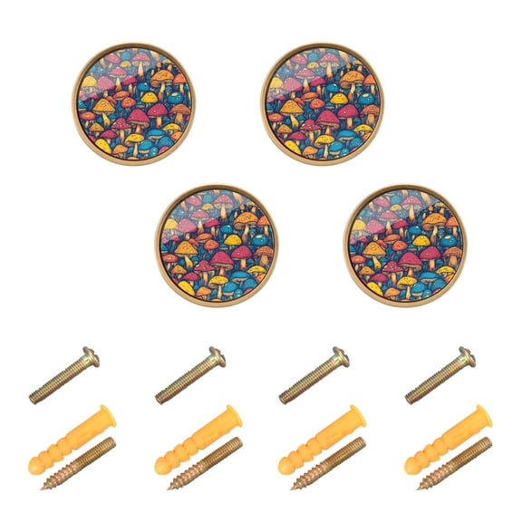 JIALIOU Kitchen Cabinet Knobs Round Zinc Drawer Pulls, Vibrant Color Mushrooms, 4 Pack