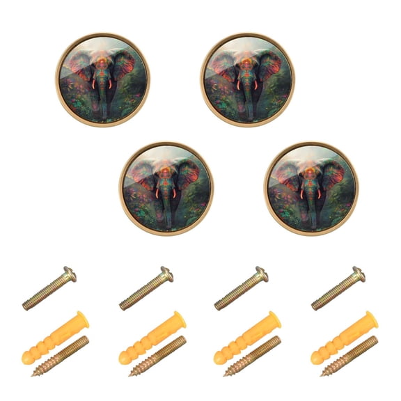 JIALIOU Kitchen Cabinet Knobs Round Zinc Drawer Pulls, Vibrant Elephant in Forest, 4 Pack