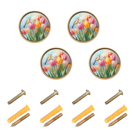 JIALIOU Kitchen Cabinet Knobs Round Zinc Drawer Pulls, Watercolor Bird Tulip, 4 Pack