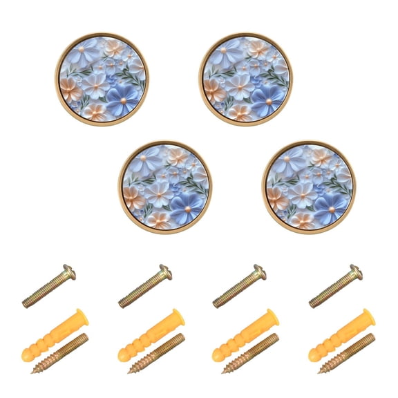 JIALIOU Kitchen Cabinet Knobs Round Zinc Drawer Pulls, White Blue 3d Flower, 4 Pack