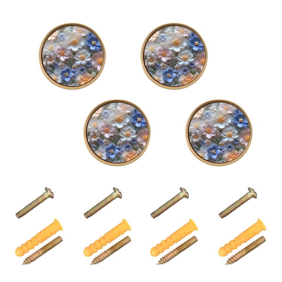 JIALIOU Kitchen Cabinet Knobs Round Zinc Drawer Pulls, White Blue Pink 3d Flower, 4 Pack