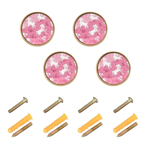 JIALIOU Kitchen Cabinet Knobs Round Zinc Drawer Pulls, White Dogs on Pink Grass, 4 Pack