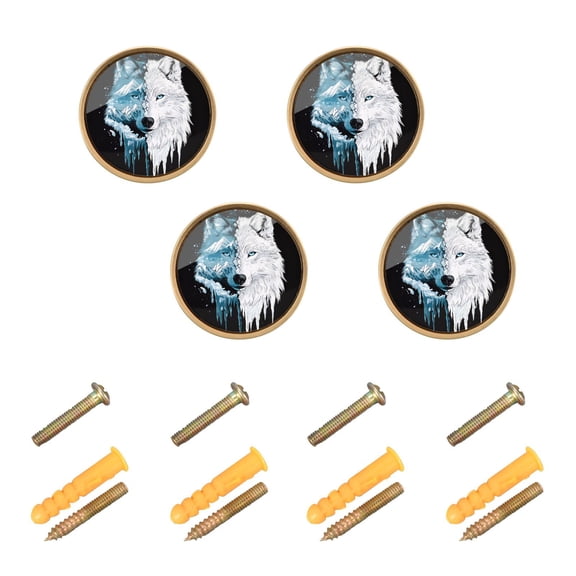 JIALIOU Kitchen Cabinet Knobs Round Zinc Drawer Pulls, White and Ice Wolf Face, 4 Pack