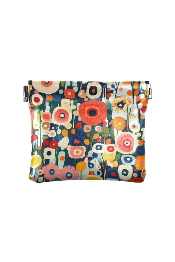 Leather Coin Purse Pouch No Zipper Small Abstract Colorful Small Flowers Makeup Bag for Women Men Cosmetics Jewelry 4.3x3.7 inch