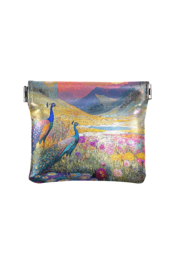 Leather Coin Purse Pouch No Zipper Small Peacocks in Alpine Meadow Makeup Bag for Women Men Cosmetics Jewelry 4.3x3.7 inch